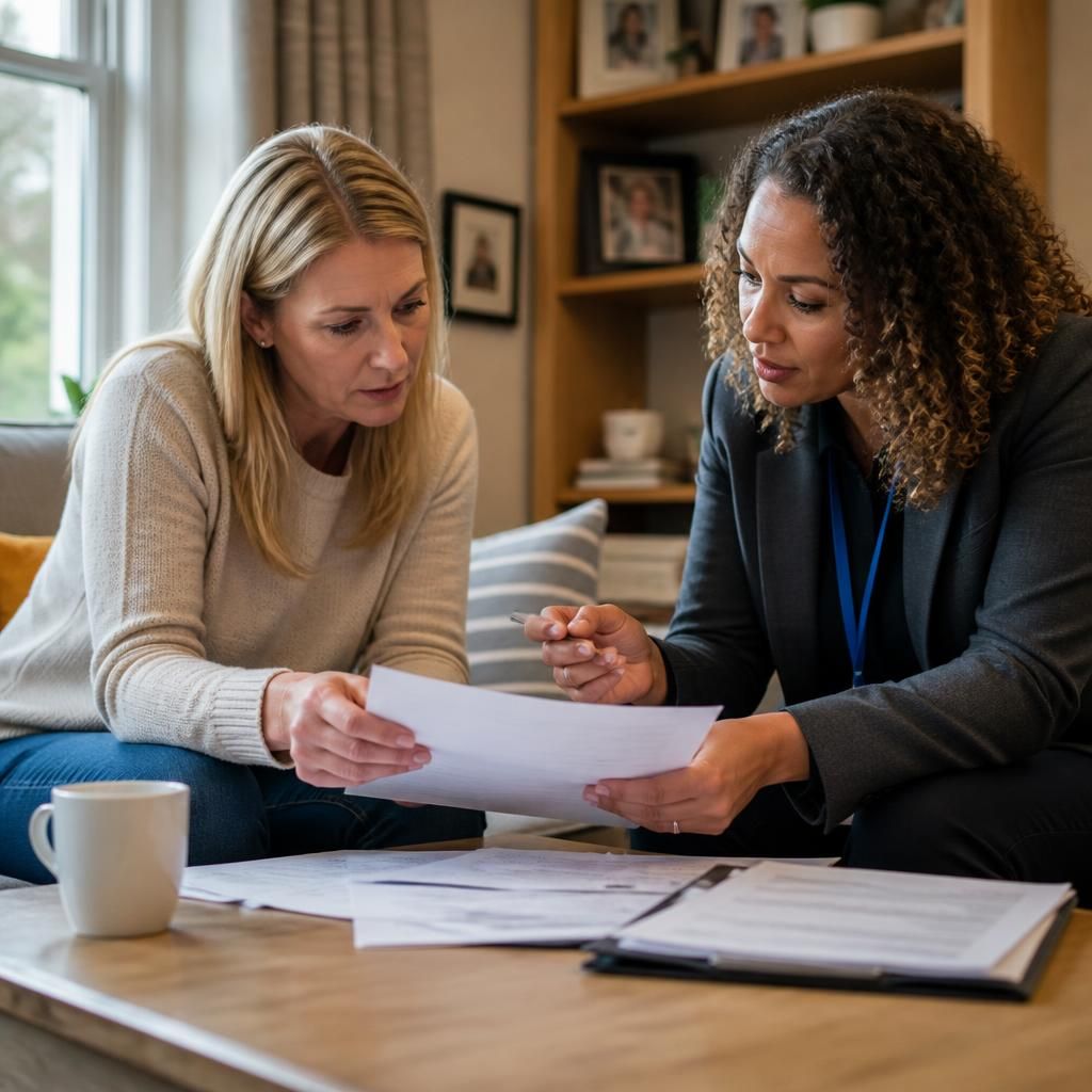 Foster carer reviewing placement paperwork with a social worker