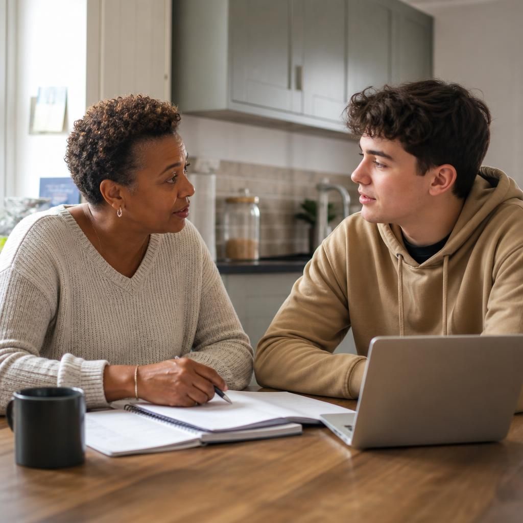 Supported lodgings host and young person discussing plans at a kitchen table