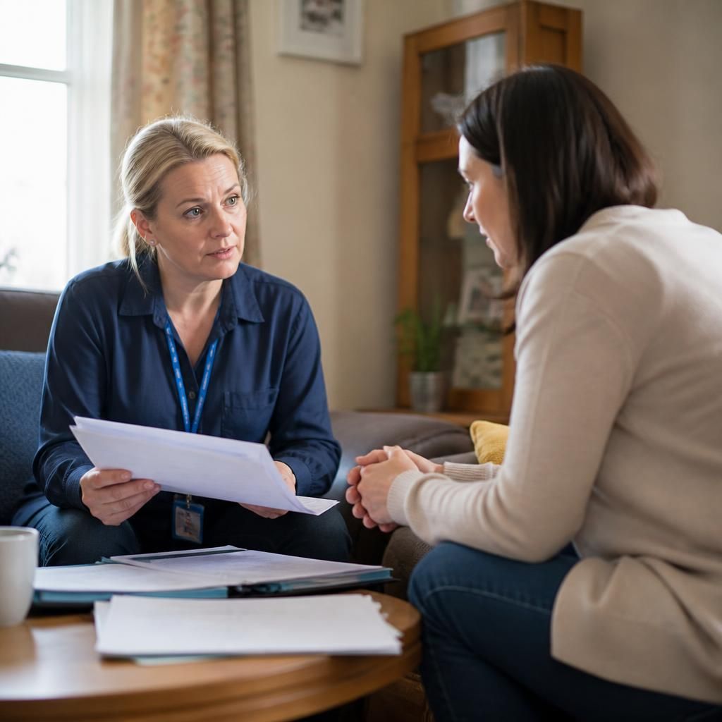 Foster applicant discussing paperwork with a social worker at home