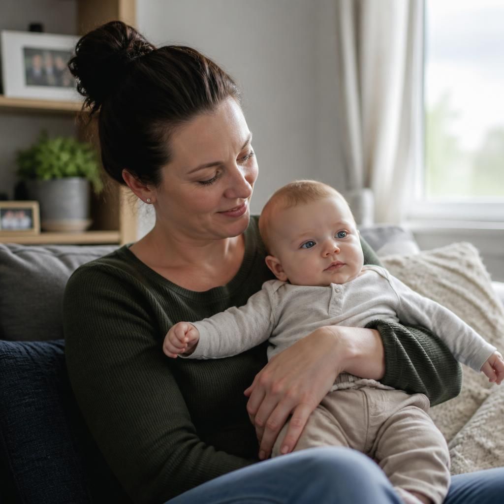 Single adult holding a baby in a calm home setting