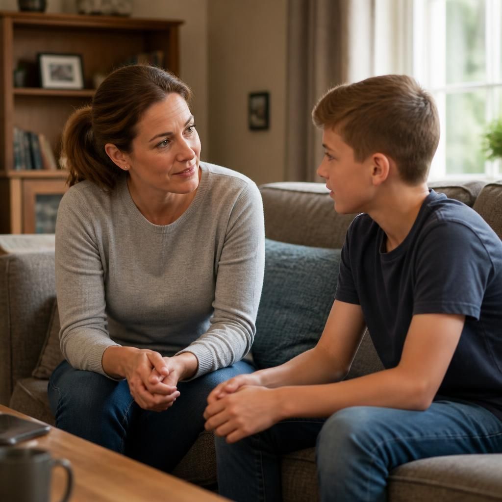 Foster carer talking with a child in a family home