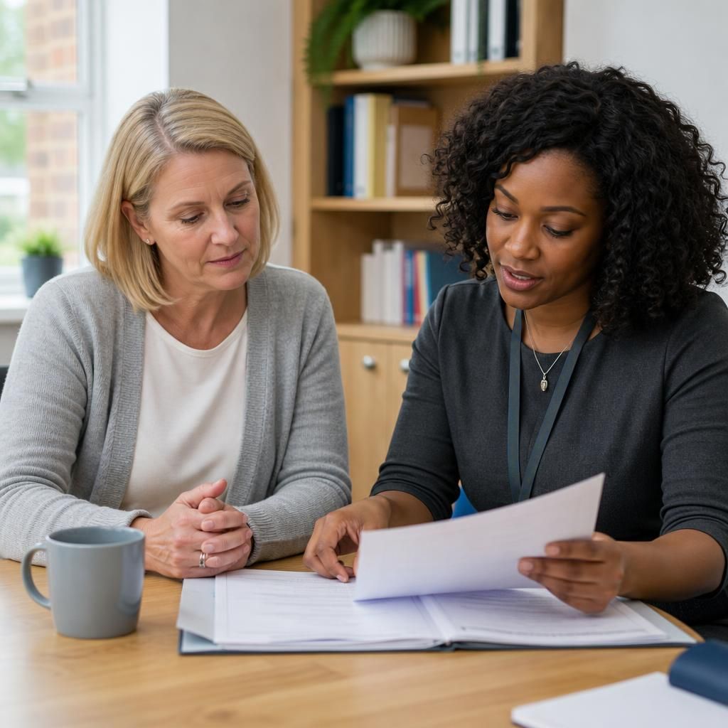 Foster carer and social worker reviewing placement records at a table