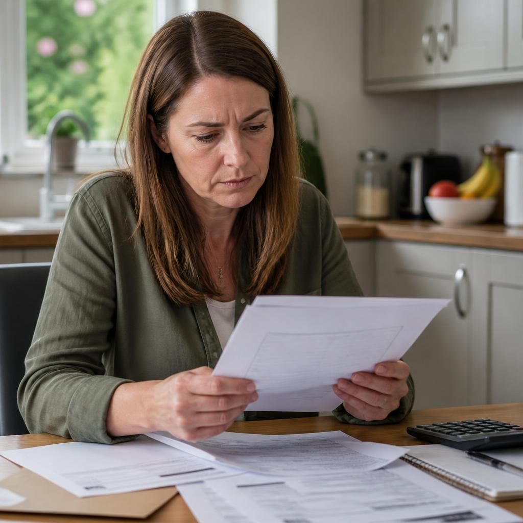 Foster carer reviewing household documents and council correspondence at home