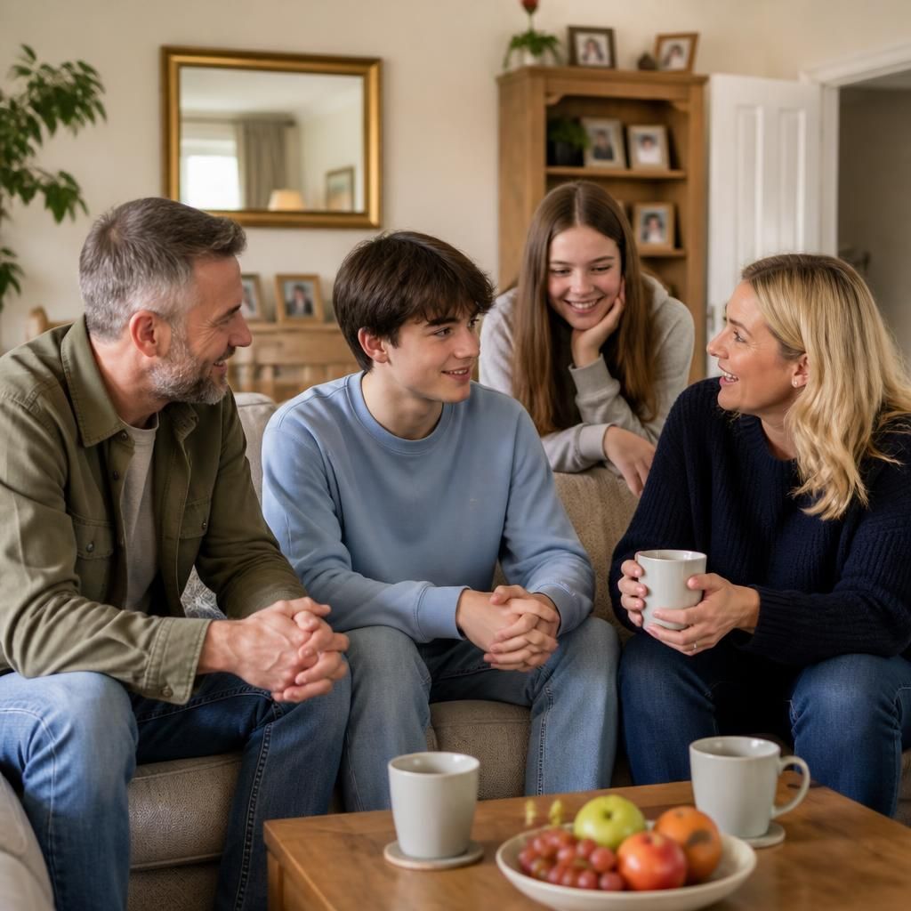Family members spending time together in a calm living room