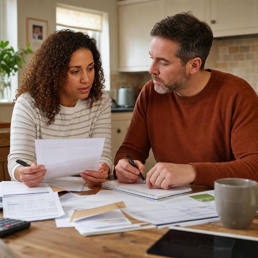 Couple discussing benefits guidance and household paperwork