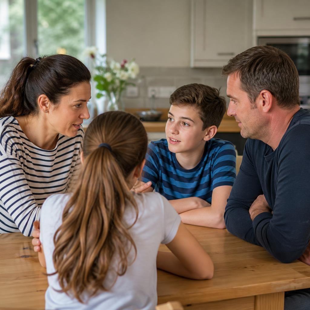 Parents talking with their children at a kitchen table