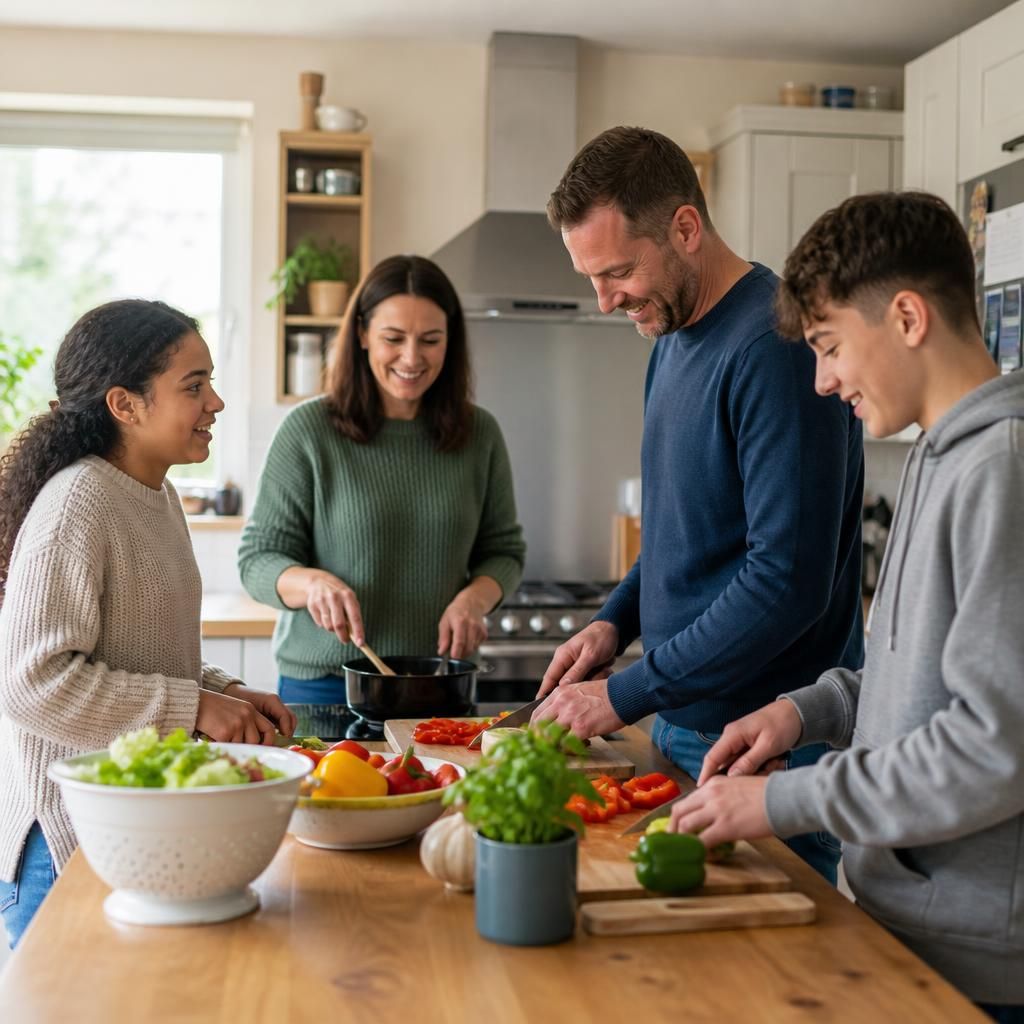 Family preparing a meal together in a home kitchen