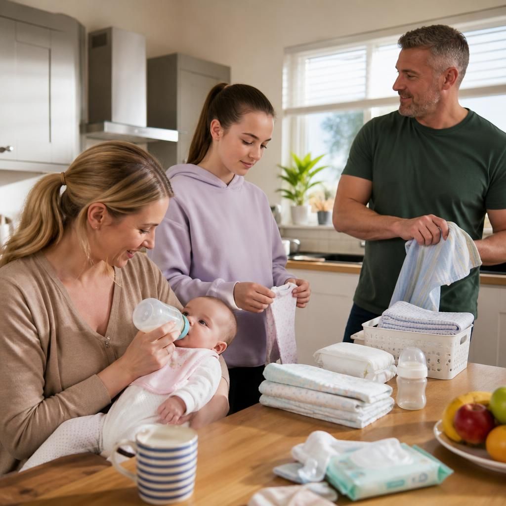 Family members sharing practical tasks while caring for a baby