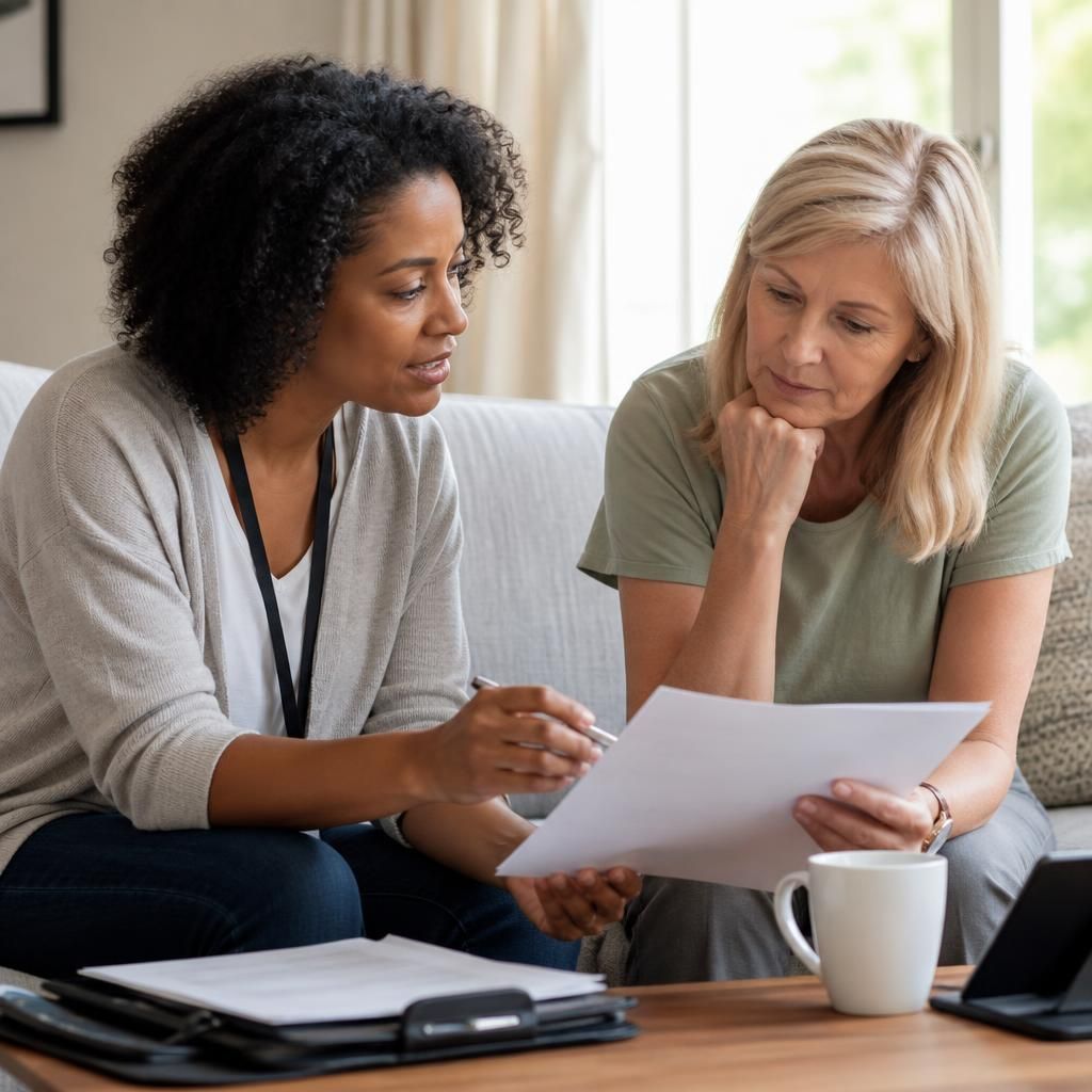 Social worker discussing kinship care assessment documents with a relative carer