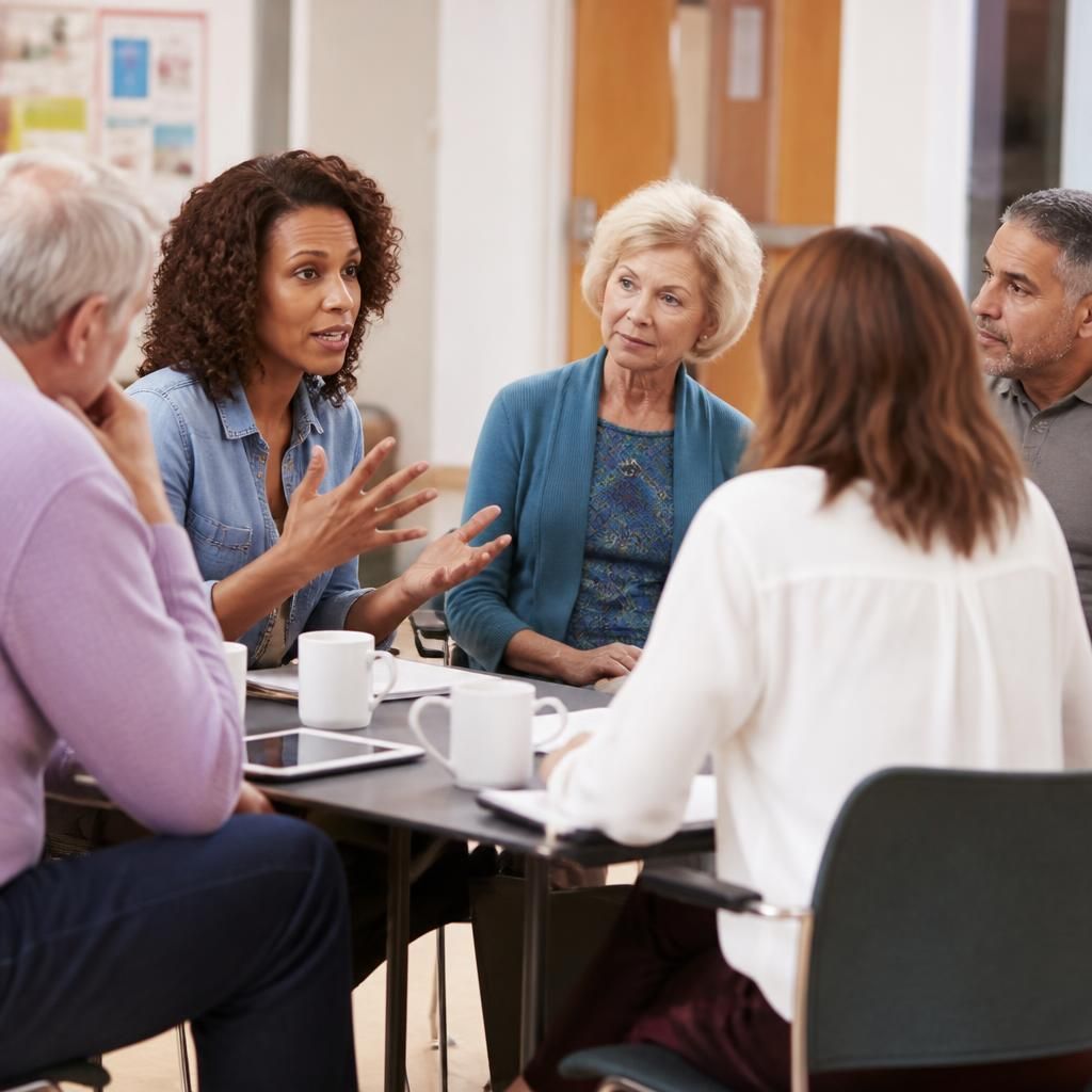 Foster carers taking part in a support group discussion around a table