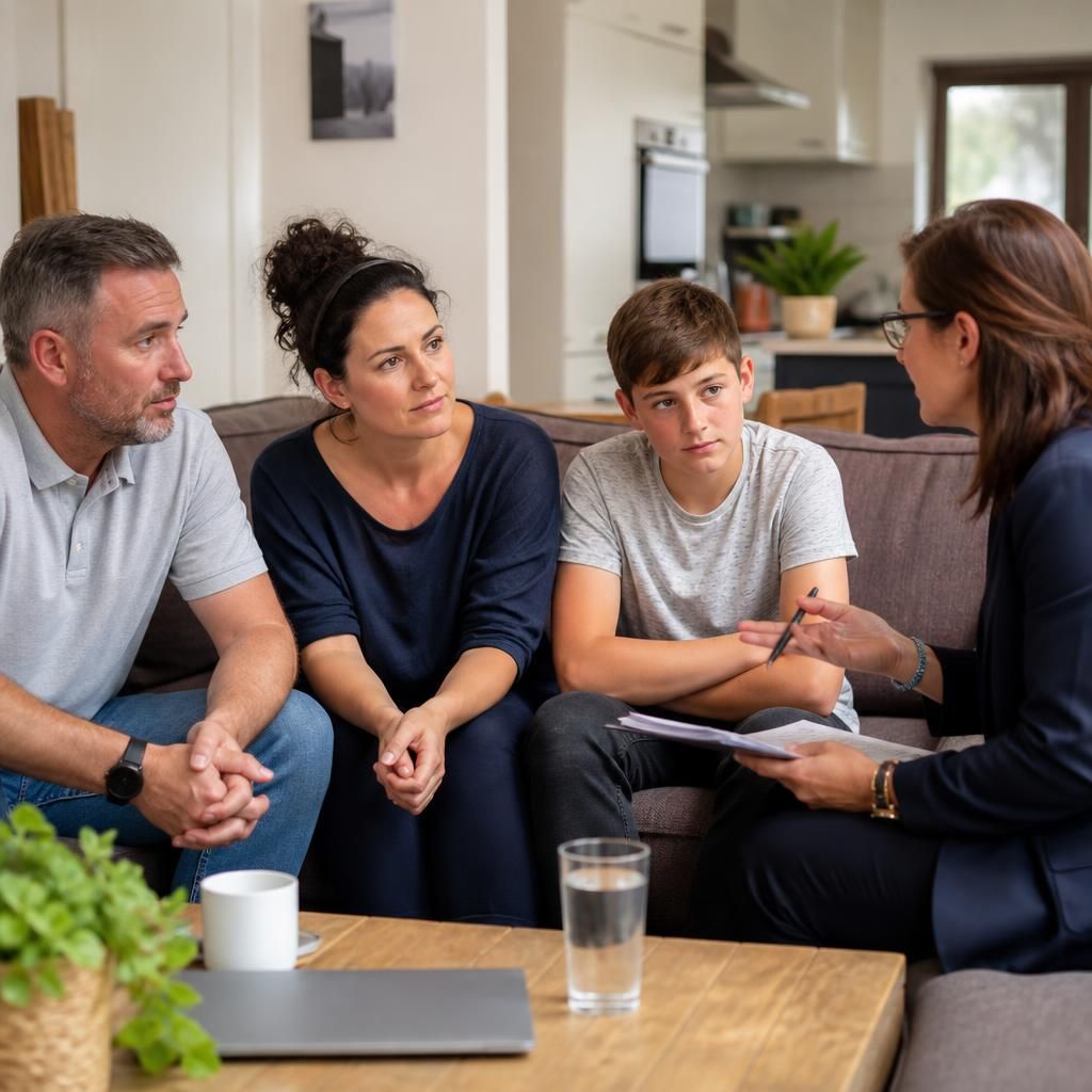 Family members discussing fostering with a social worker at home