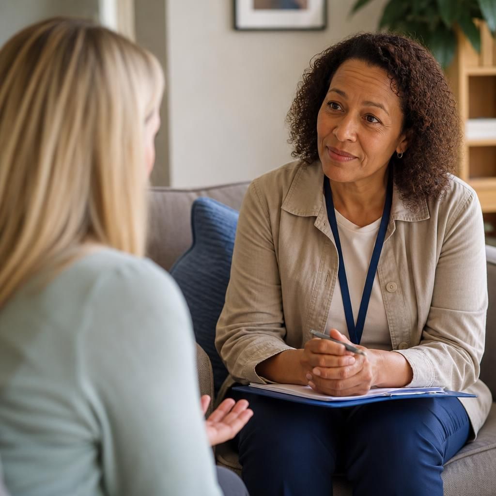 Prospective foster carer discussing questions with a fostering adviser