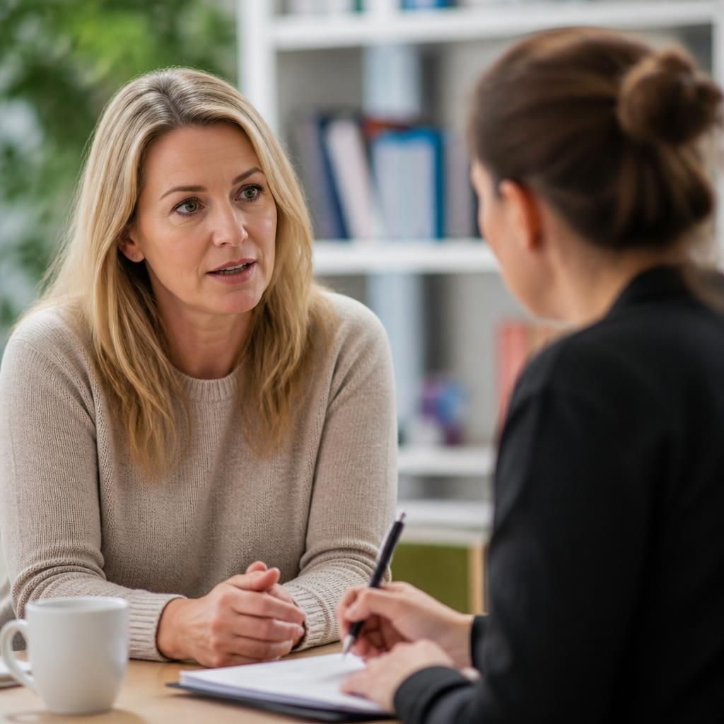 Foster carer discussing reference details with a social worker