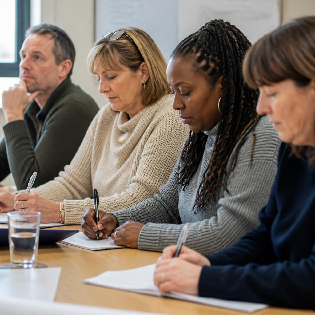 Foster carers taking notes during a group training session