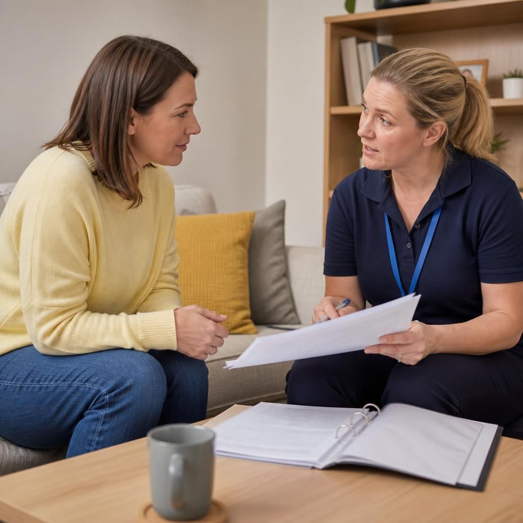 Foster carer discussing assessment documents with a social worker