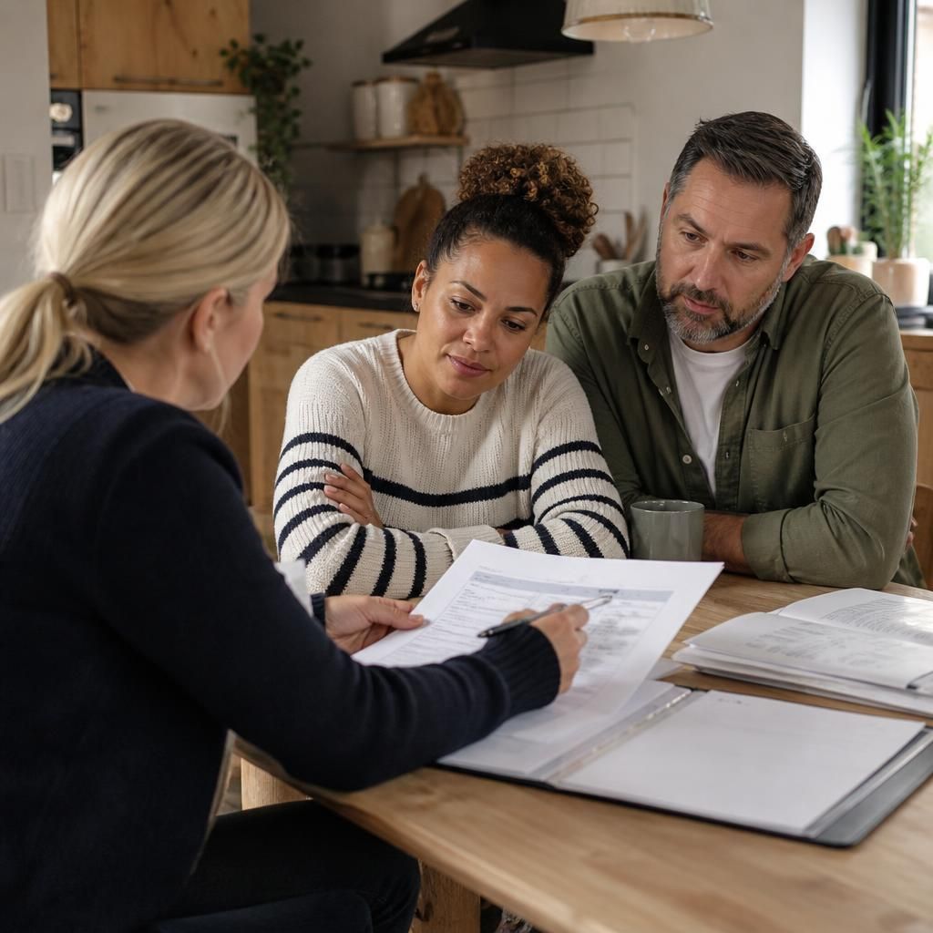 Social worker discussing fostering documents with prospective foster carers at a kitchen table
