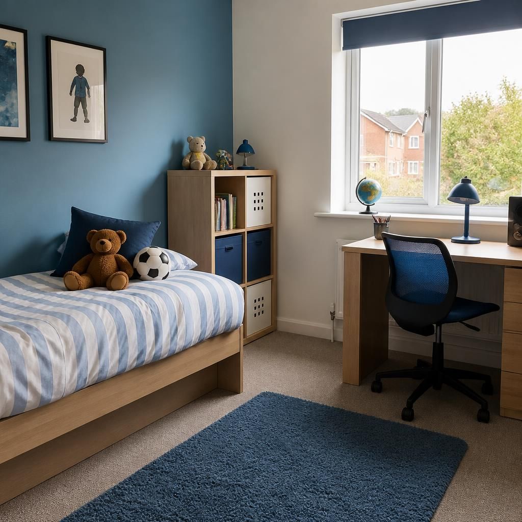 Neatly furnished child’s bedroom with a bed, storage unit, desk and window