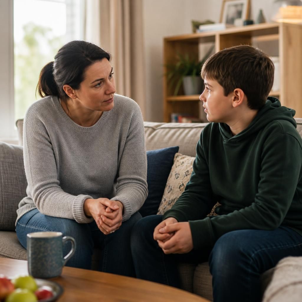 Foster carer and child discussing a transition at home