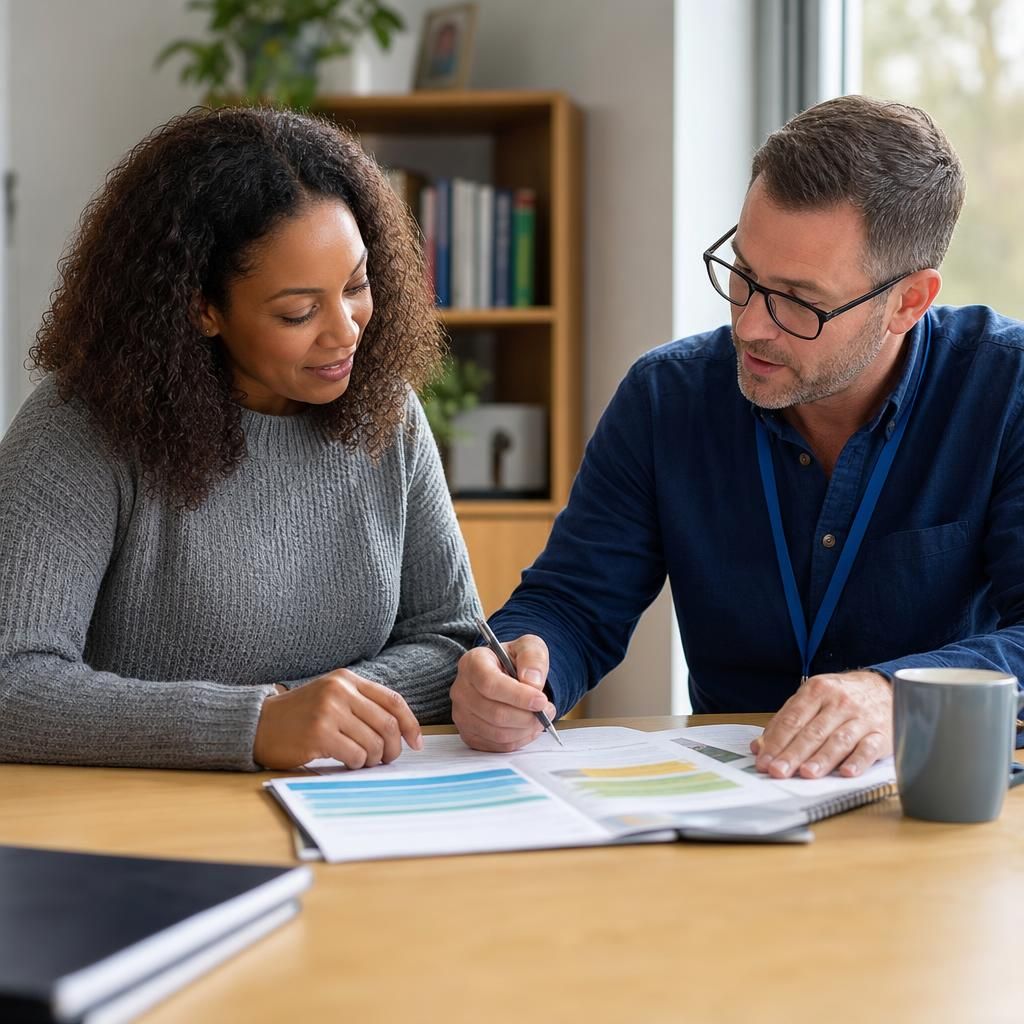 Foster carer reviewing training materials with a course tutor