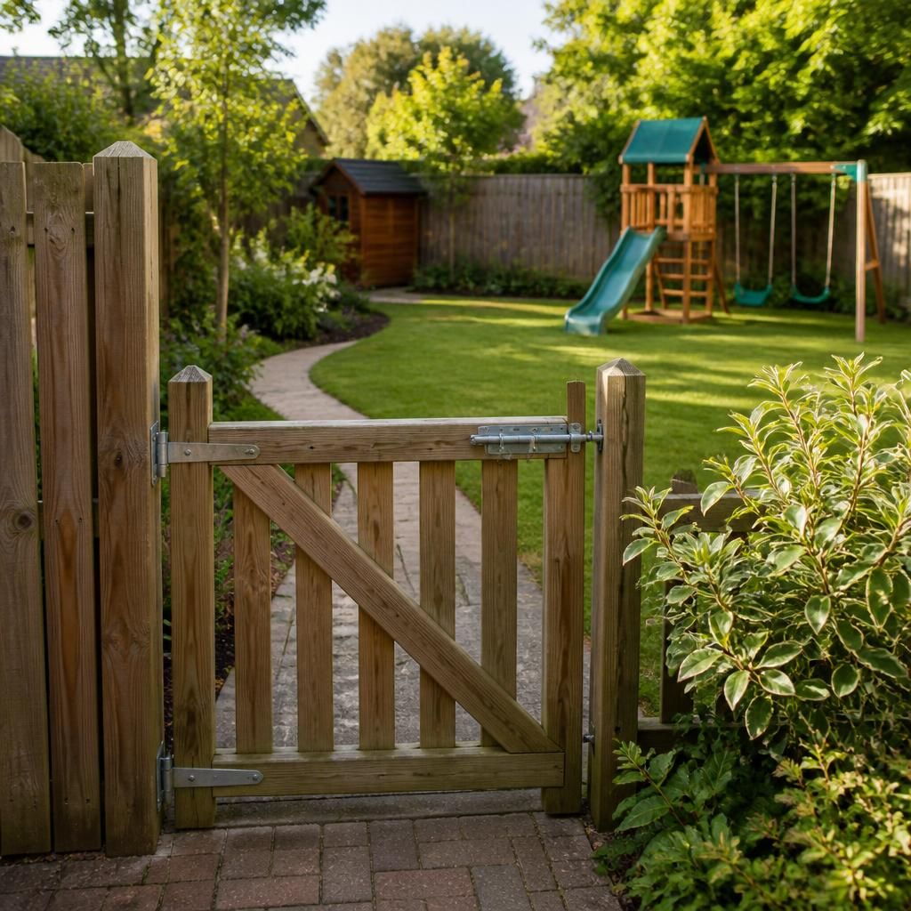 Secure garden gate, fenced boundaries and outdoor play equipment