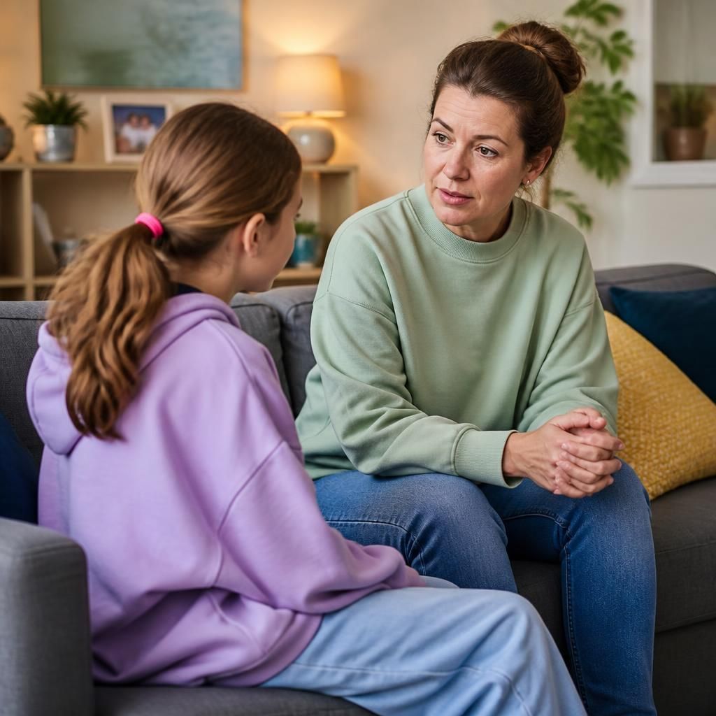 Foster carer talking with a child in a welcoming living room