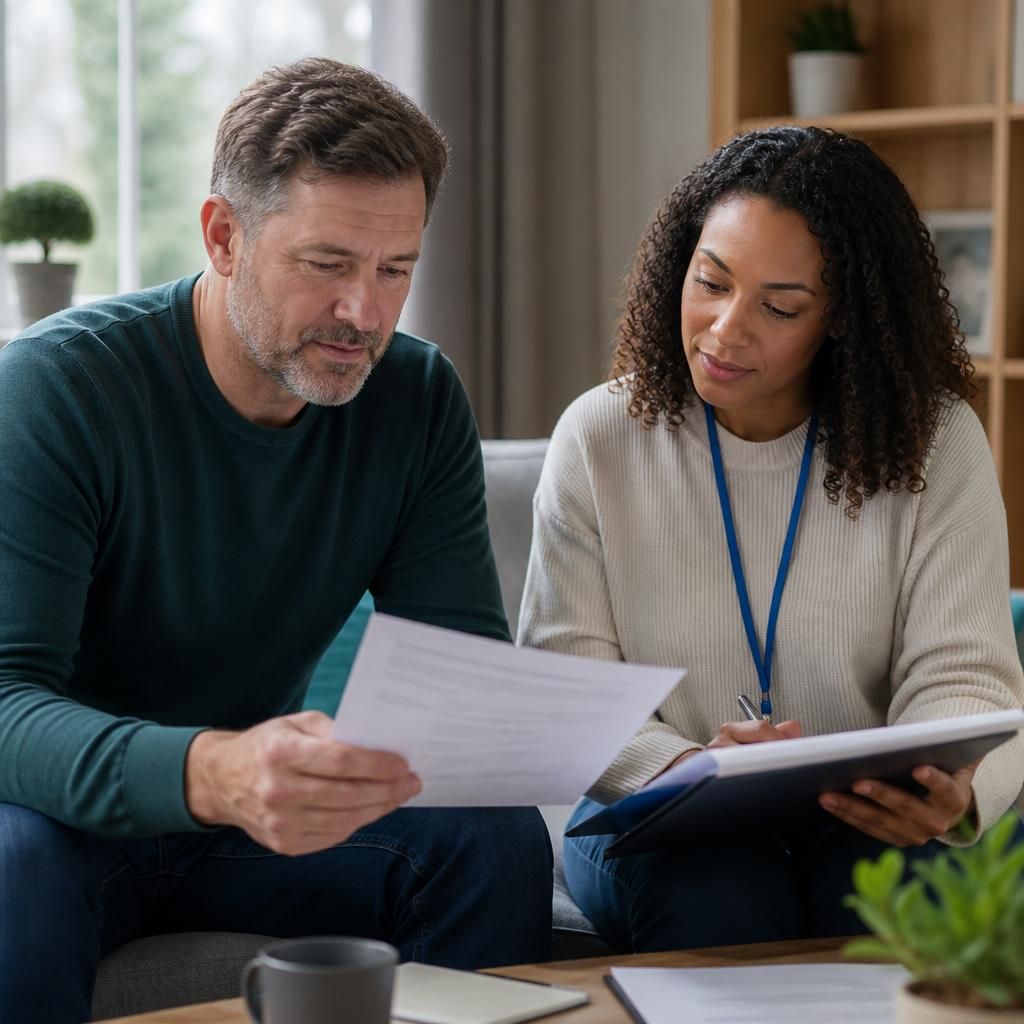 Foster carer reviewing approval documents with a social worker