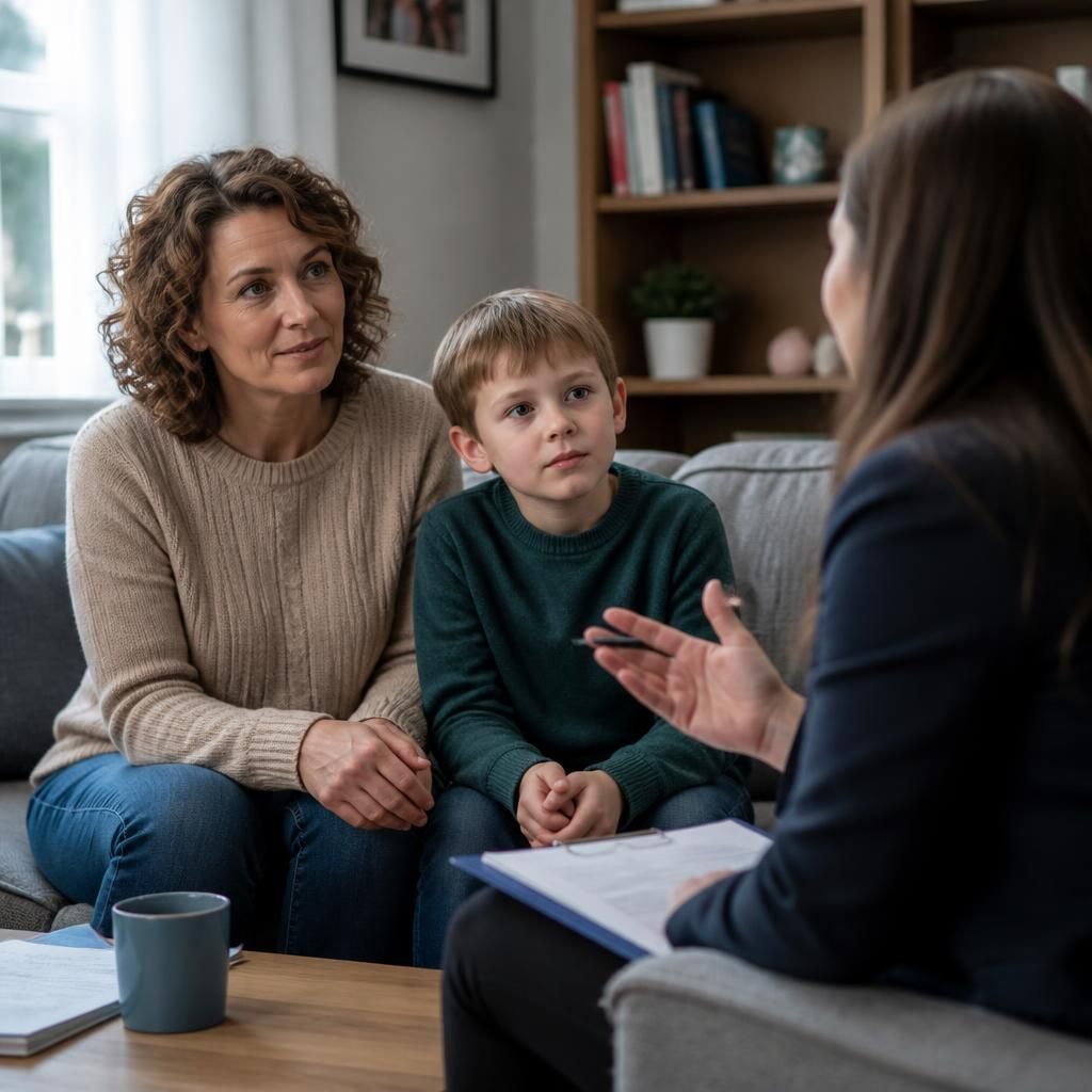 Relative and child meeting a social worker during a fostering assessment
