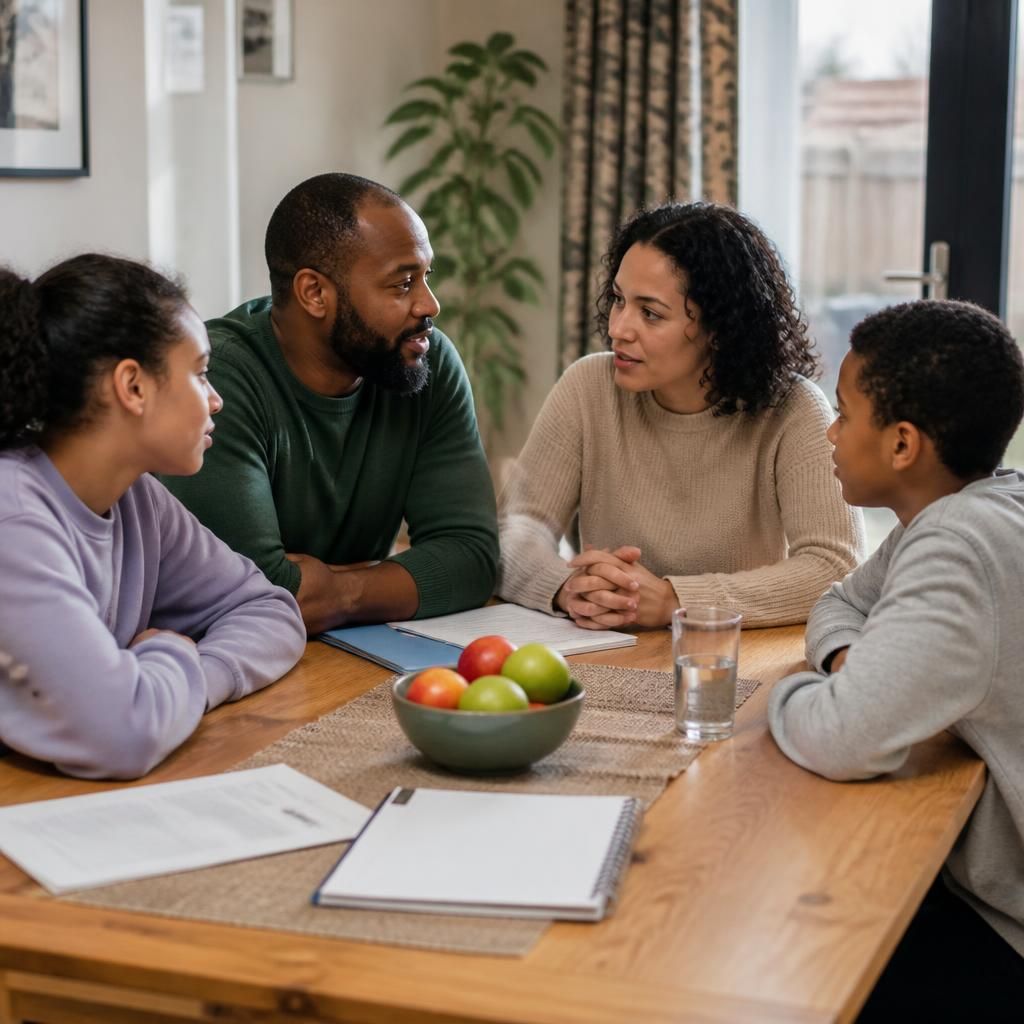 Parents and children talking together around a family table