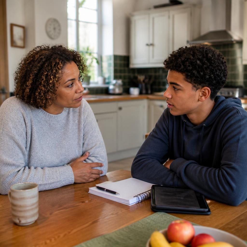 Foster carer and teenager discussing plans at a kitchen table