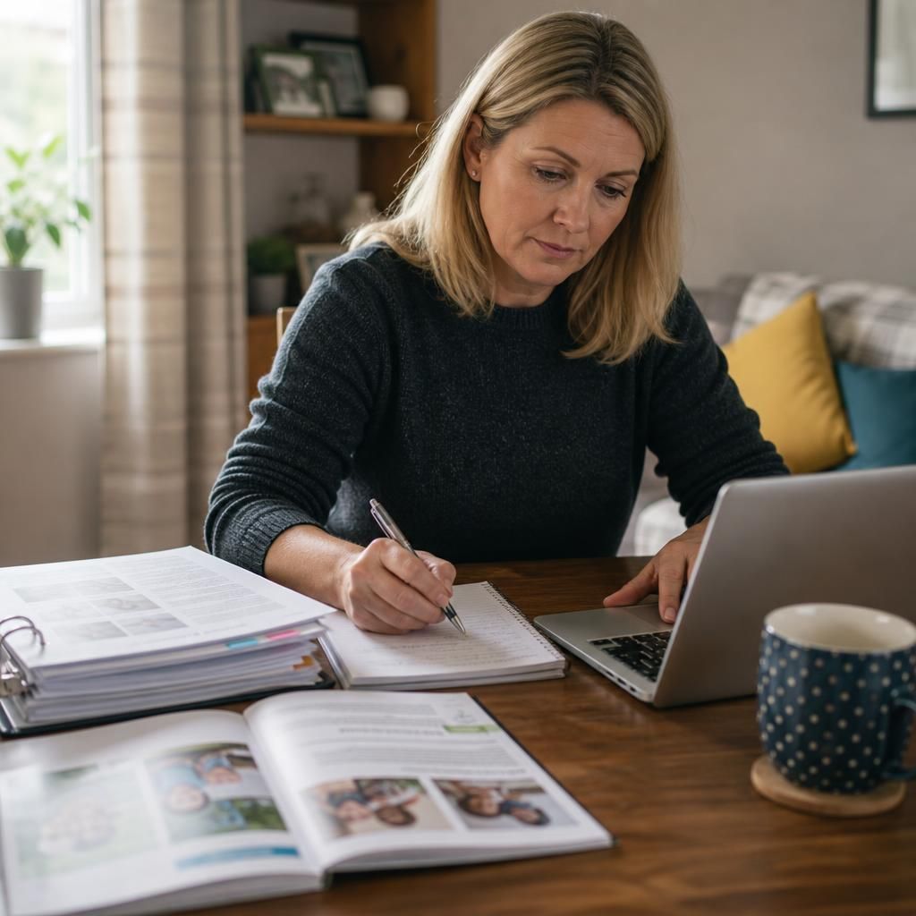 Foster carer reviewing training materials, notes and a laptop
