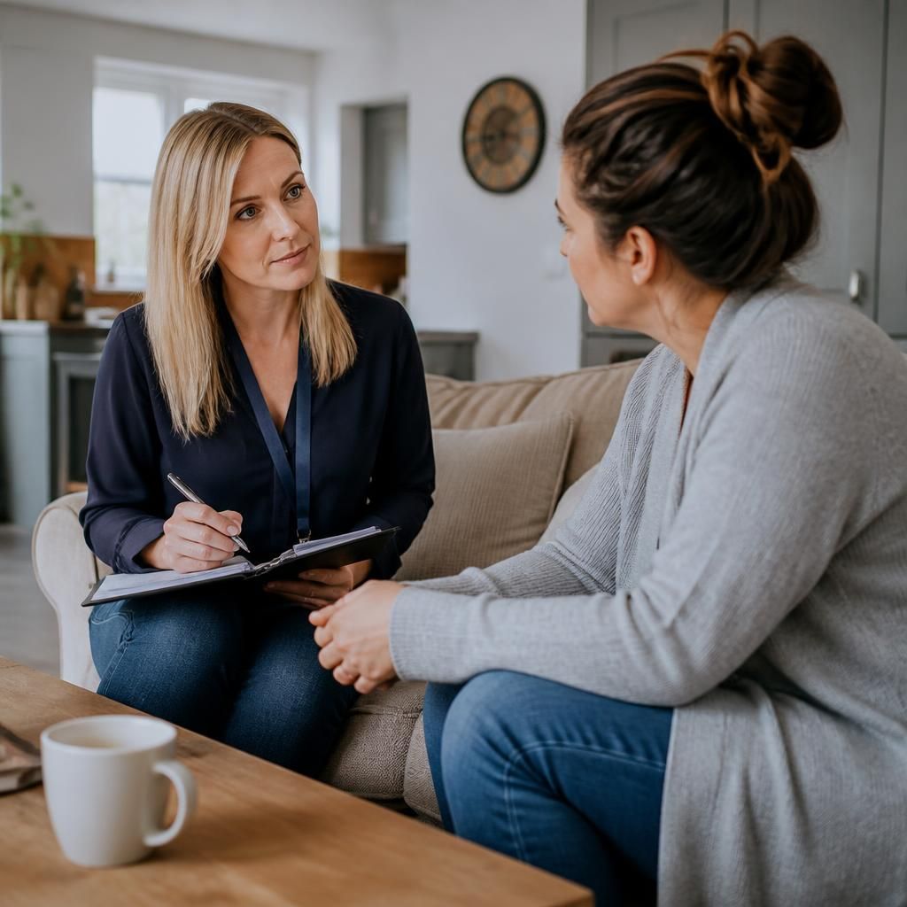 Supervising social worker speaking with a foster carer during a home visit