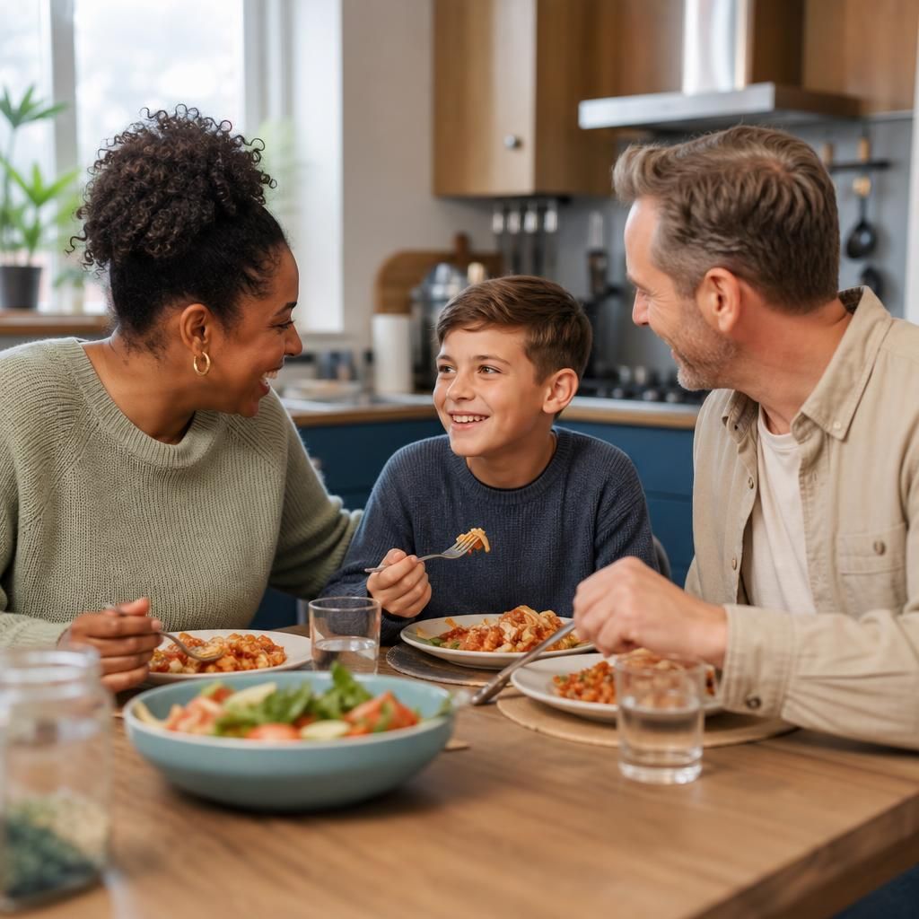 Foster family sharing a meal with a child in their care