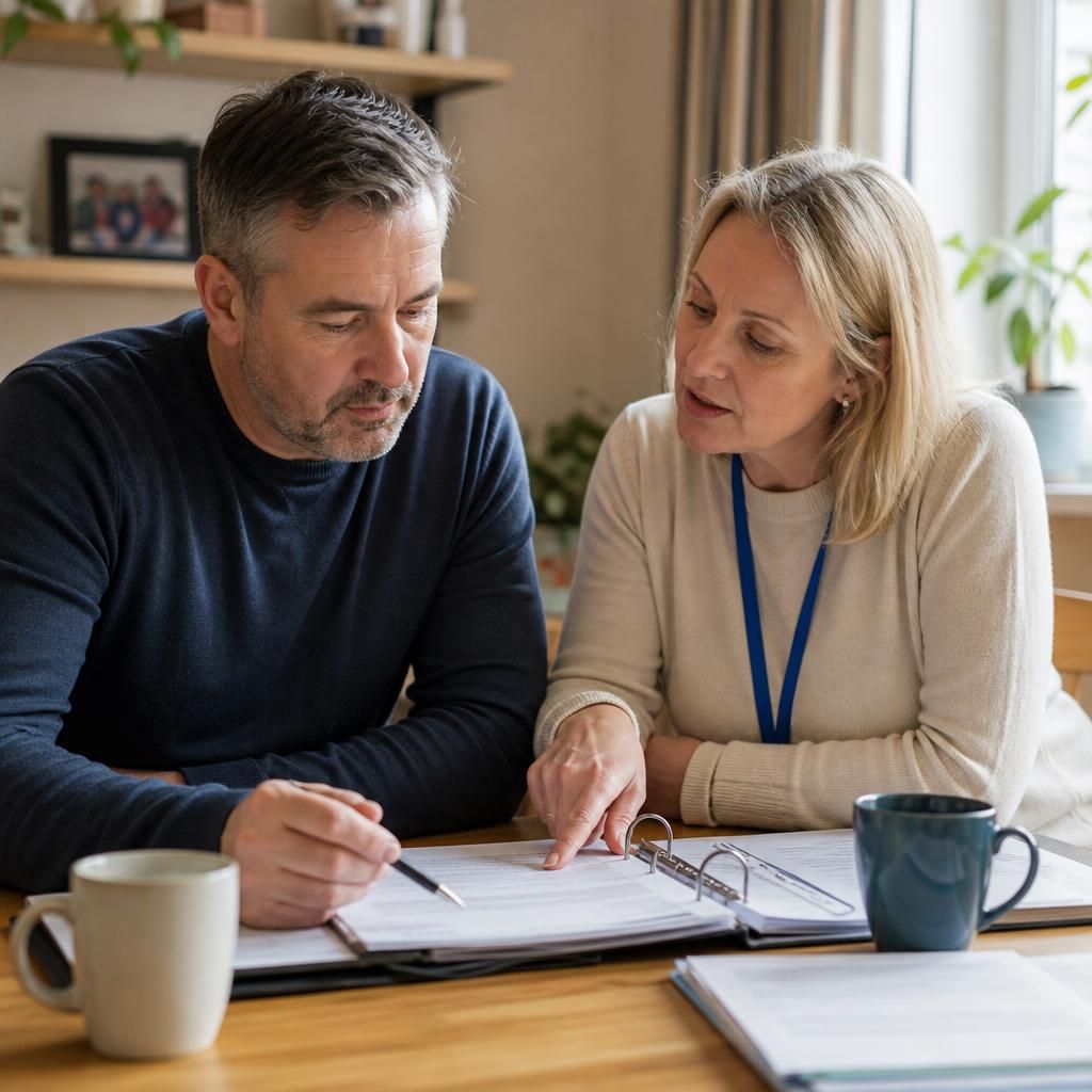Foster carer discussing placement records with a support worker
