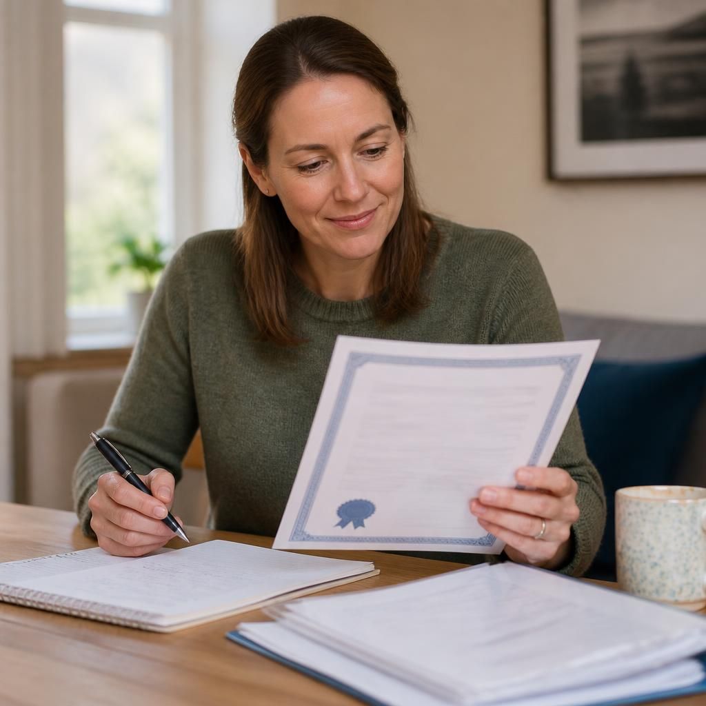Foster carer reviewing a completed training certificate with a pen