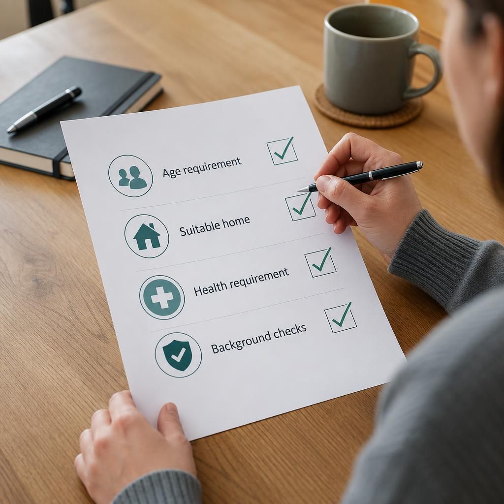 Checklist showing age, home, health and background check requirements for fostering