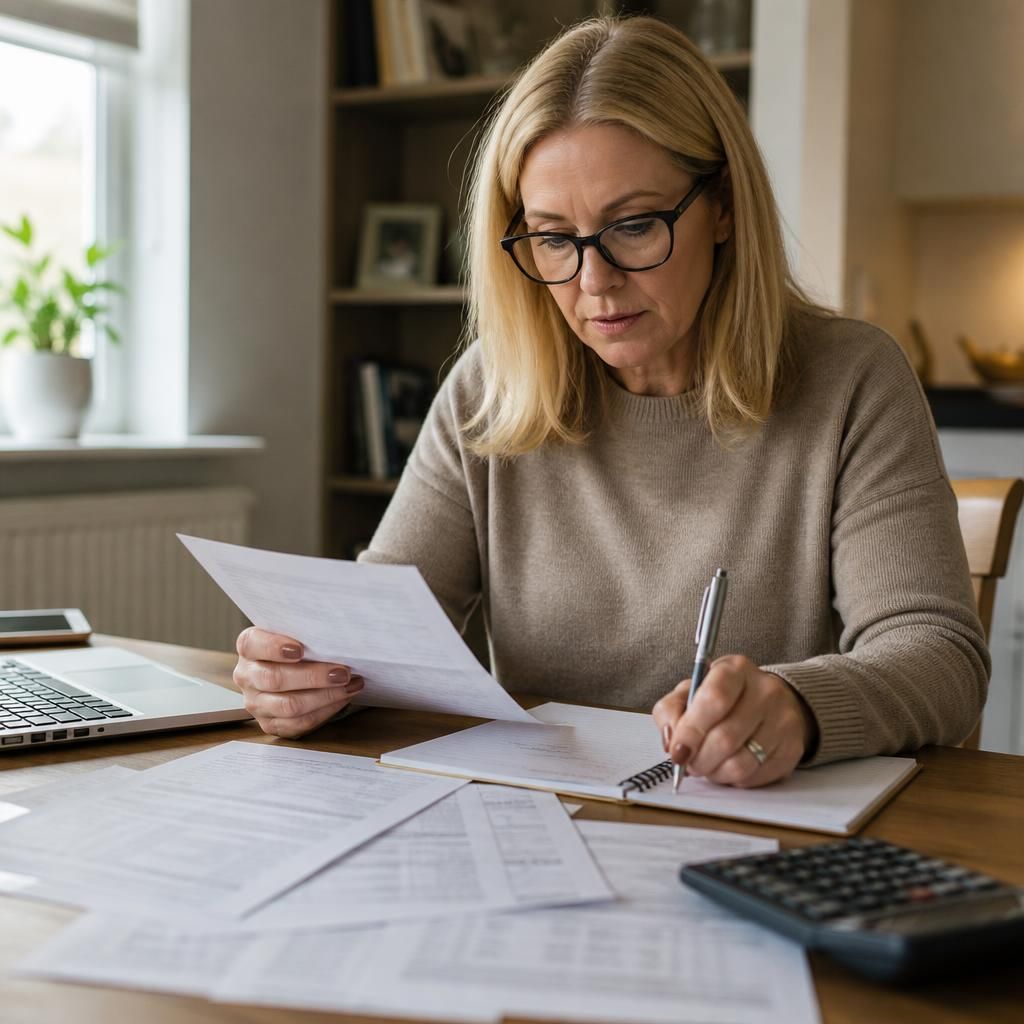 Foster carer reviewing household finances and care documents at a table