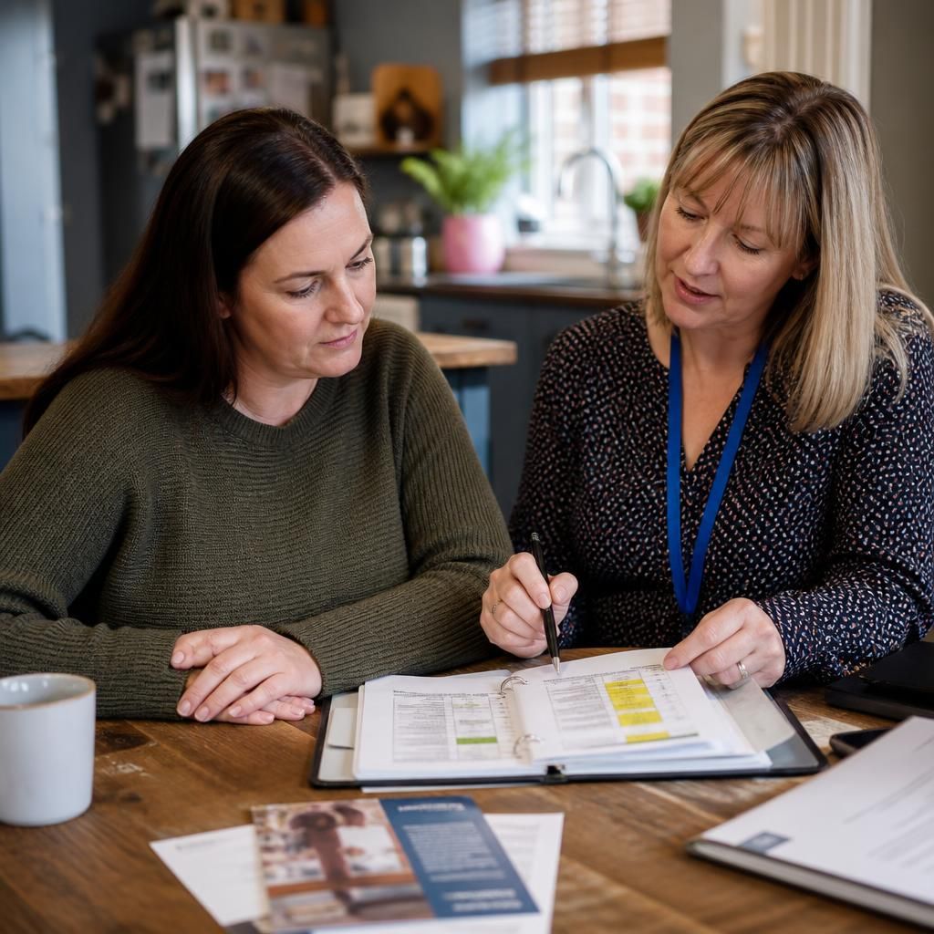 Foster carer reviewing a work and care schedule with a support worker