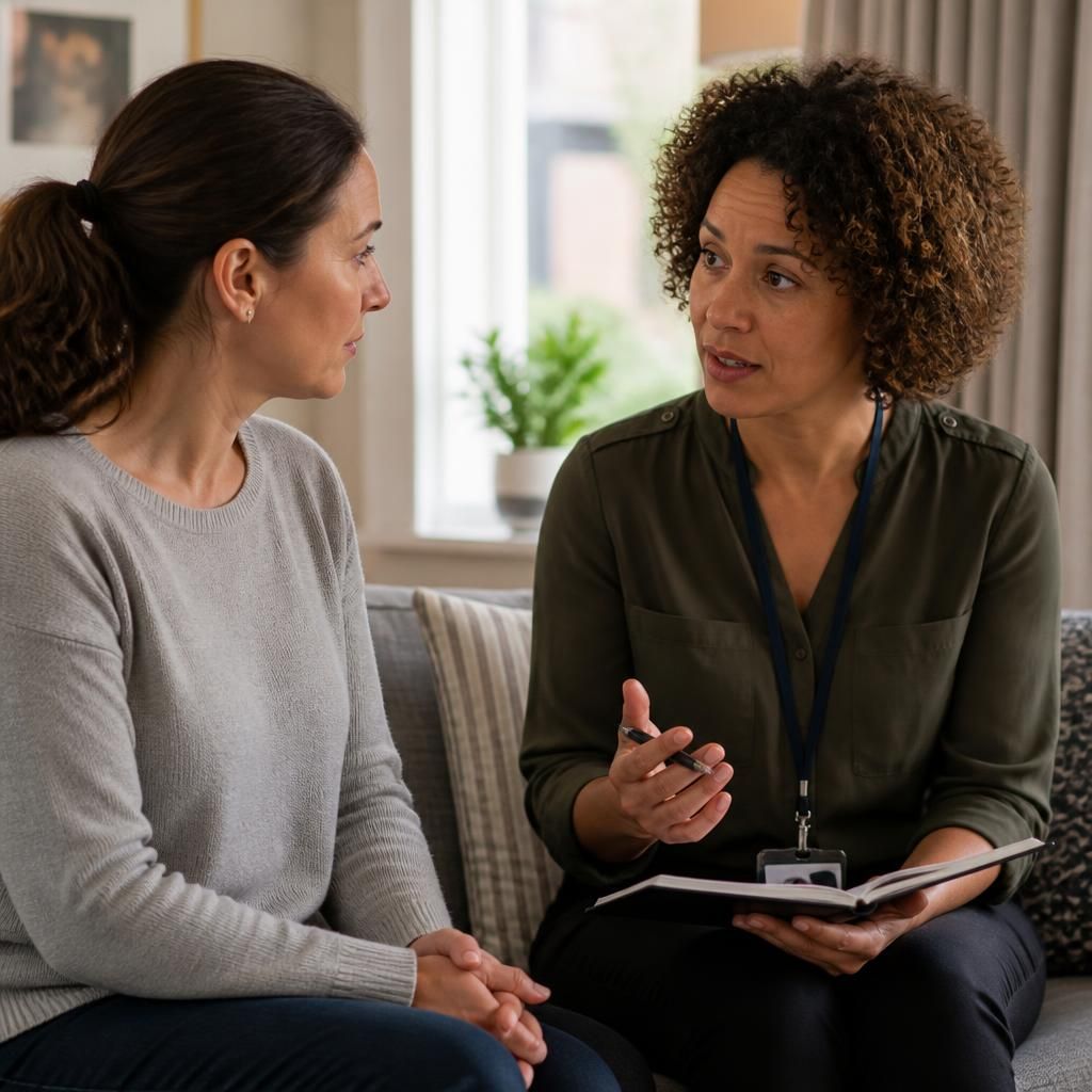 Foster carer discussing safeguarding guidance with a social worker