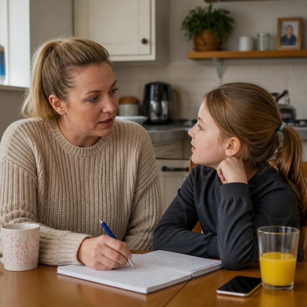 Foster carer and child discussing activities at a kitchen table