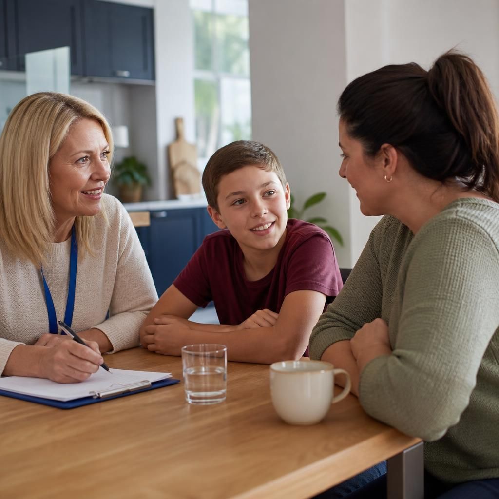 Foster carer speaking with a child and support worker at a table