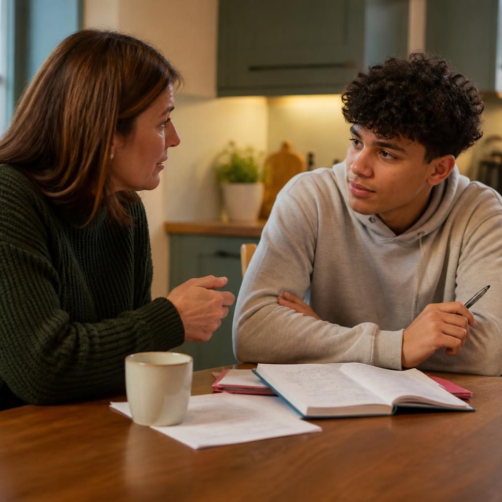 Foster carer and young person discussing household plans at a kitchen table