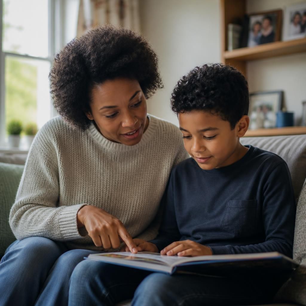 Adult and child discussing a book together at home