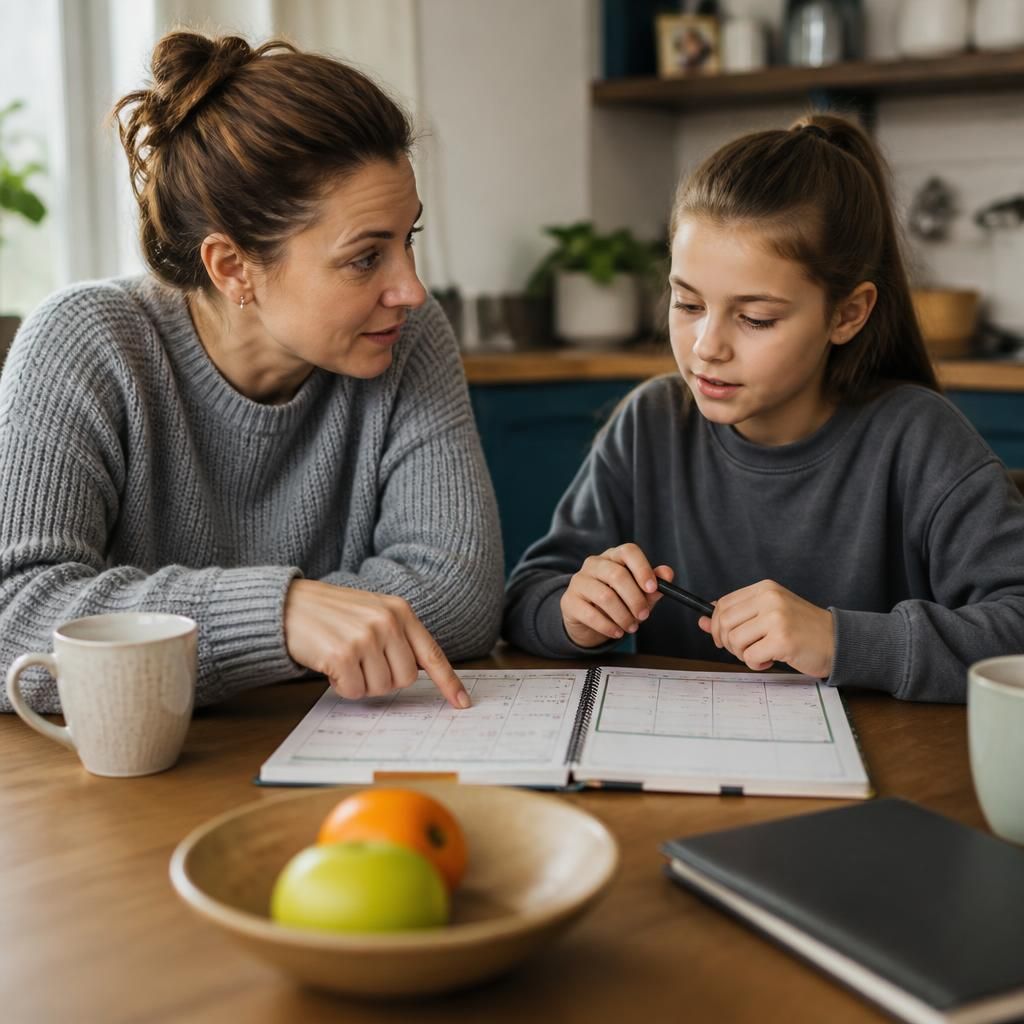 Foster carer and child discussing a weekly plan at home