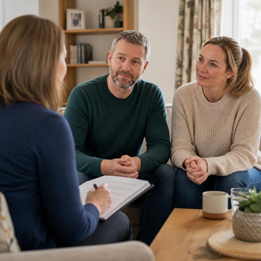 Prospective foster carers speaking with an assessing social worker in their home