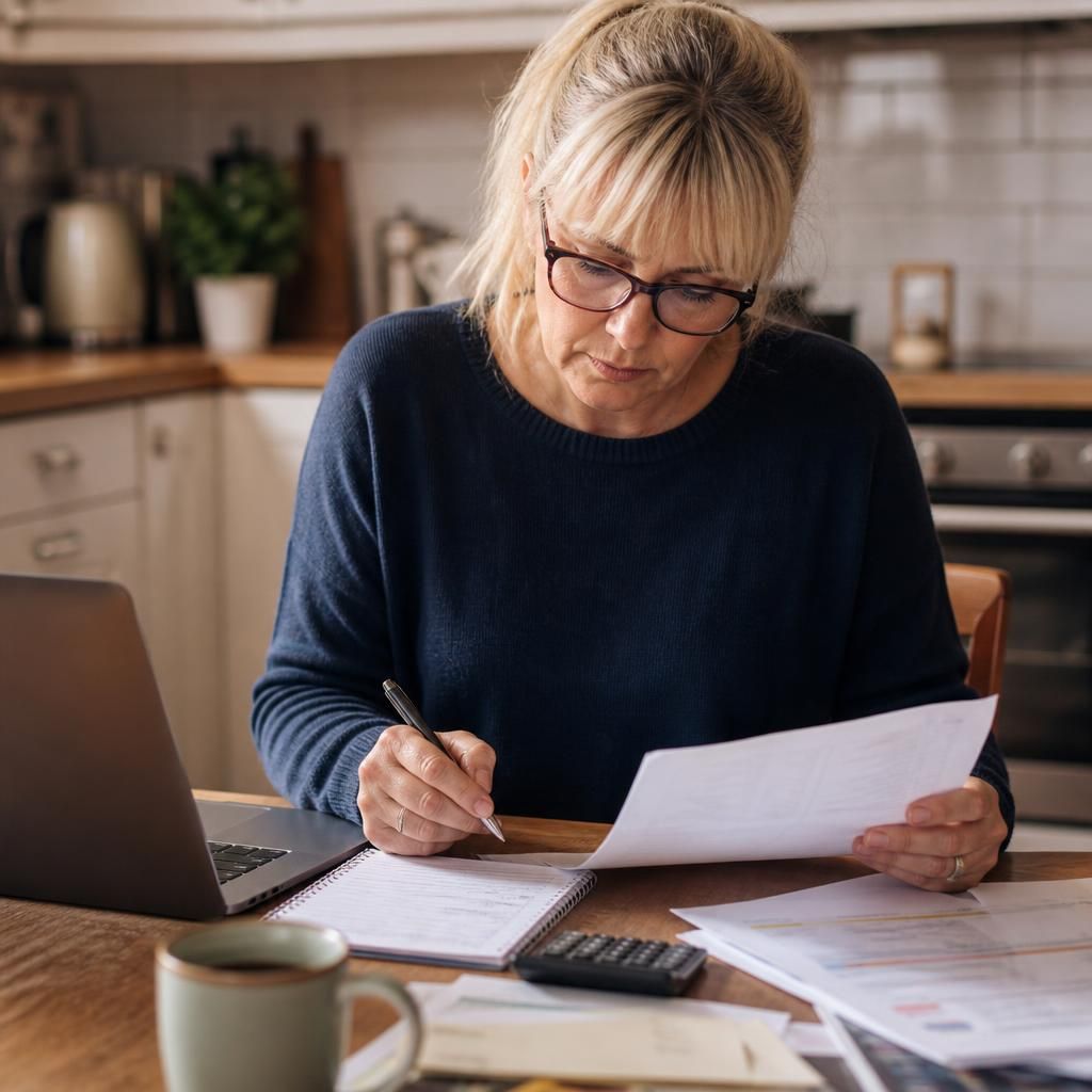 Foster carer reviewing household expenses and financial paperwork at a kitchen table