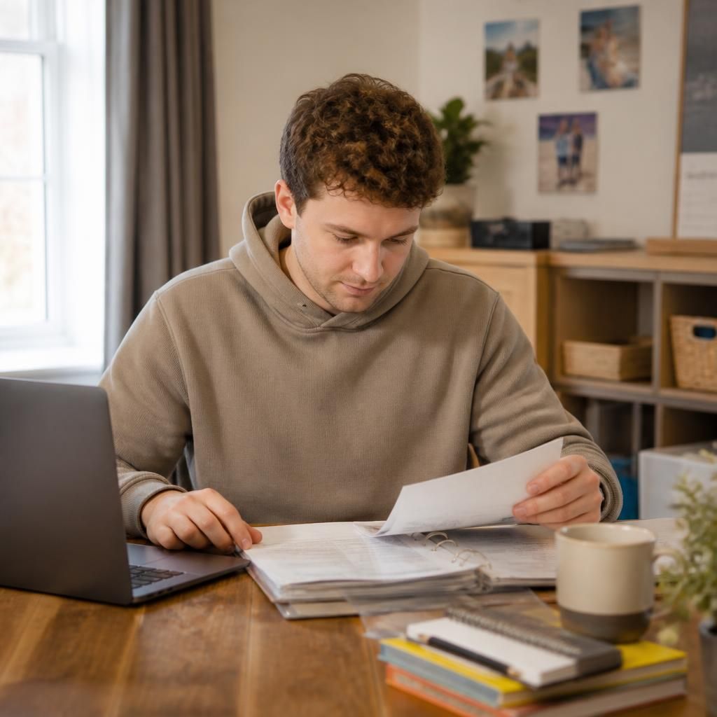 Foster carer organising household items and paperwork at a desk