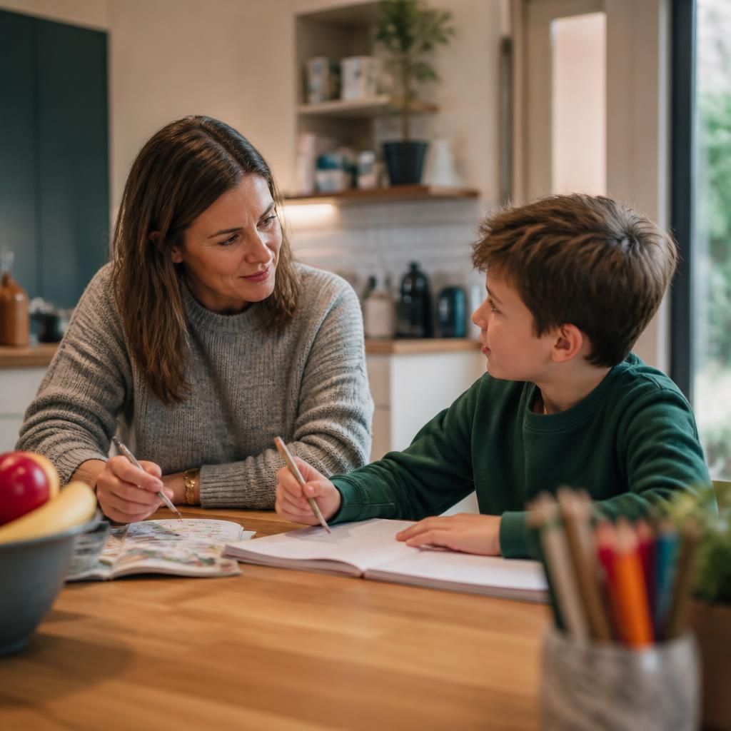 Adult and child discussing an activity at a kitchen table