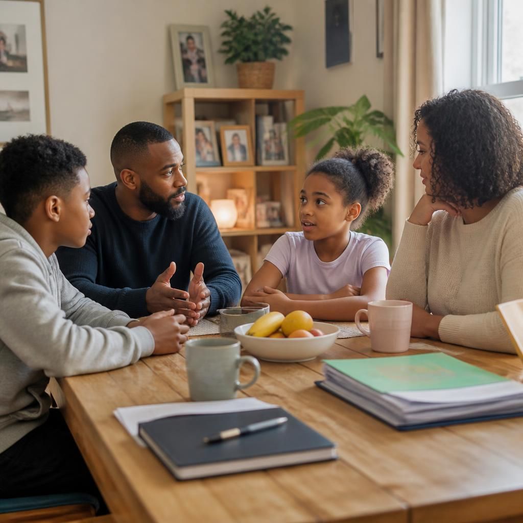 Adults and children discussing family routines around a dining table