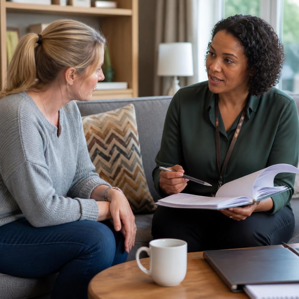 Foster carer discussing a child’s placement plan with a supervising social worker