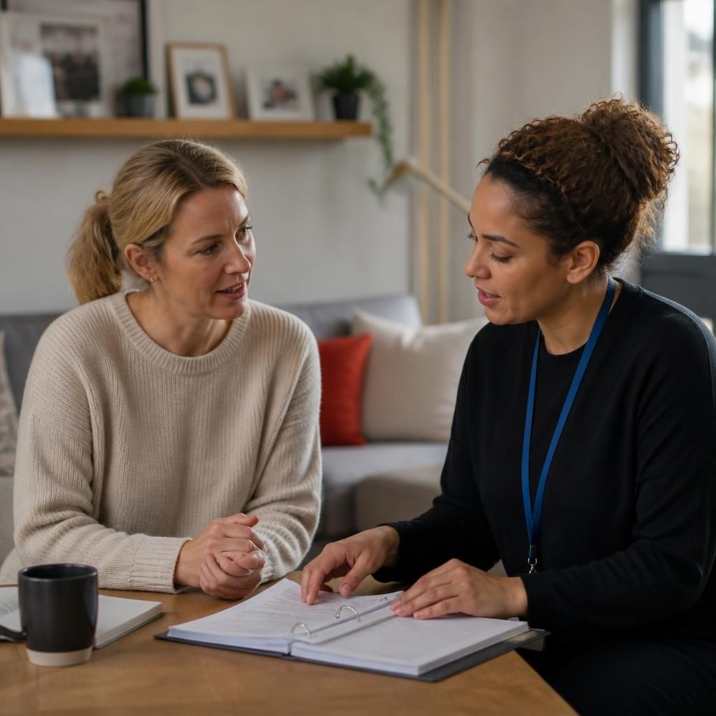Foster carer speaking with a social worker while reviewing a child’s care plan